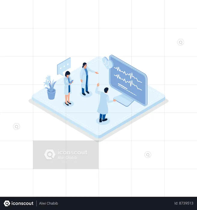 Doctor checking blood pressure and examine cardiogram and pulse on EKG monitor  Illustration