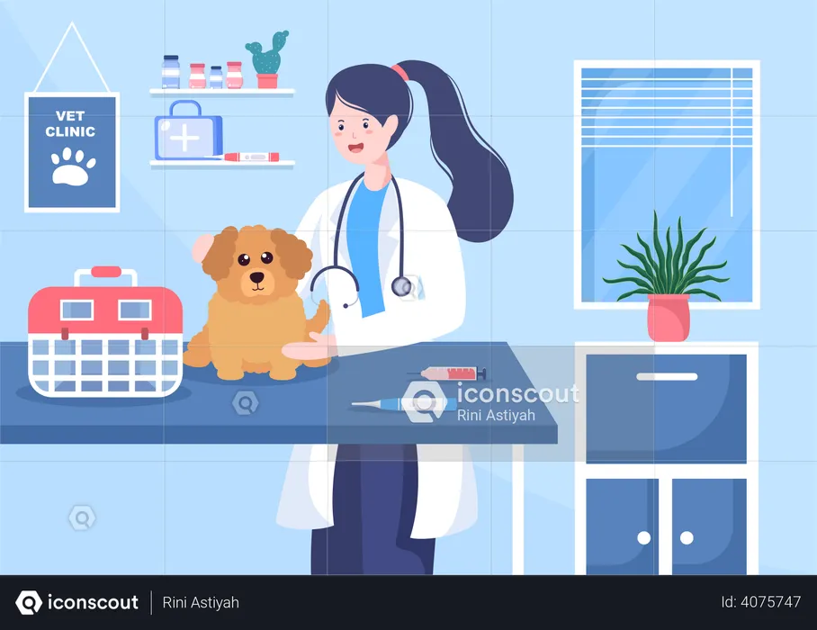 Doctor Checking Dog in Veterinary Clinic  Illustration