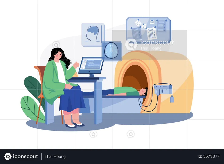 Doctor checking patient health using MRI machine  Illustration