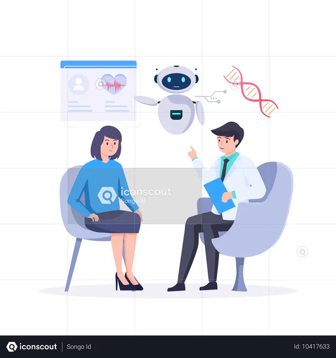 Doctor discussing DNA results with patient showing robotic results  Illustration