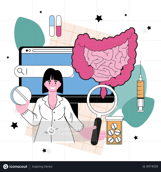 Doctor examines and treating human large intestine  Illustration