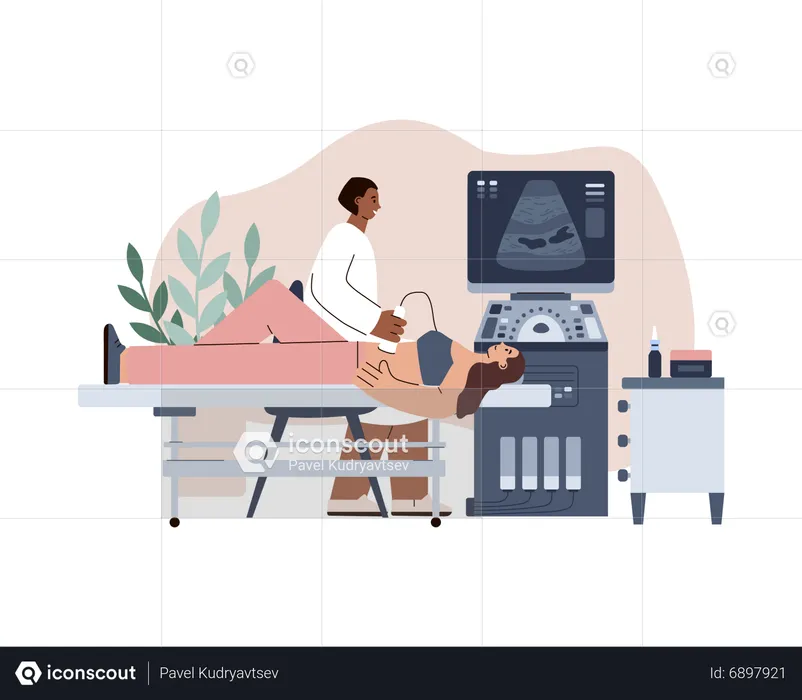 Doctor examines stomach and abdominal of woman patient  Illustration