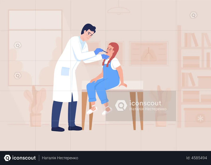 Doctor examining little girl throat at appointment  Illustration