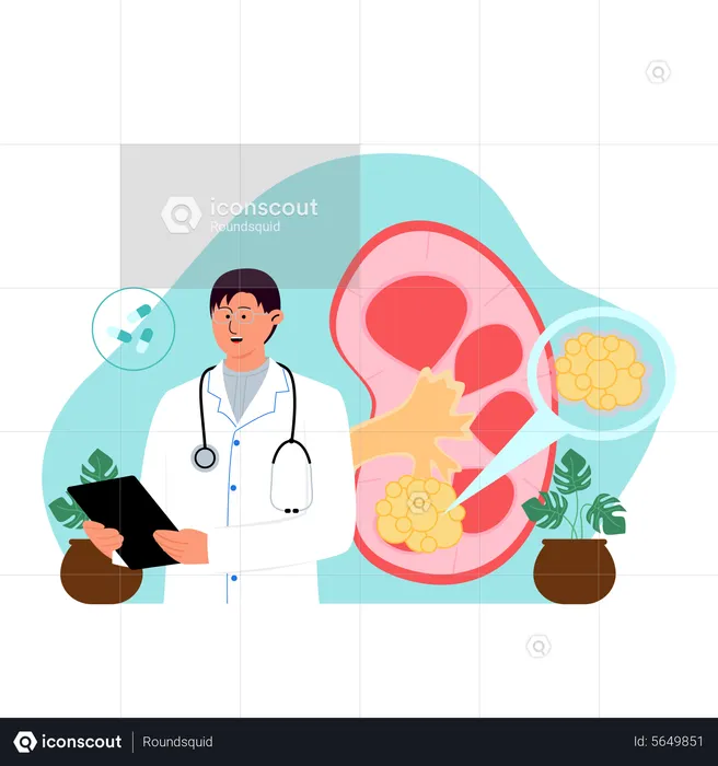 Male surgeon check kidney stone report  Illustration