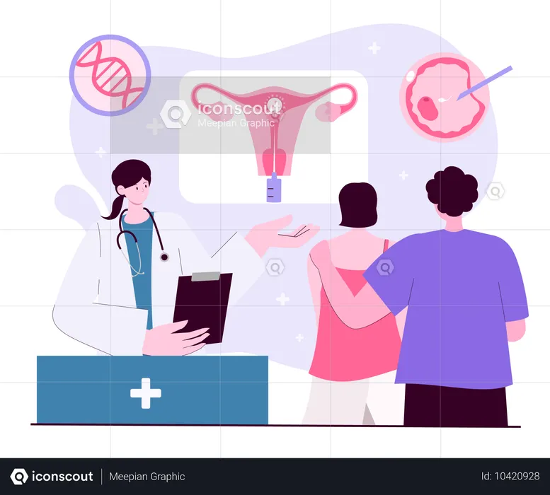 Doctor explaining in vitro fertilization to couple  Illustration