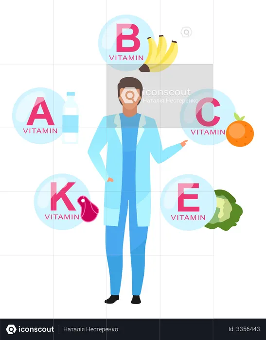 Doctor explicando las fuentes de vitaminas  Ilustración