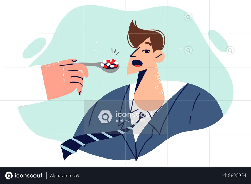 Doctor hand with pills near man opening mouth to take medicine from spoon  Illustration