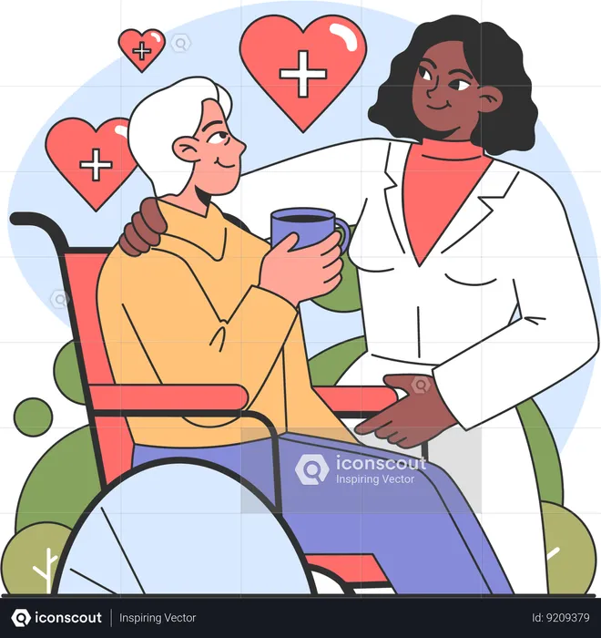 Doctor helps disabled person  Illustration