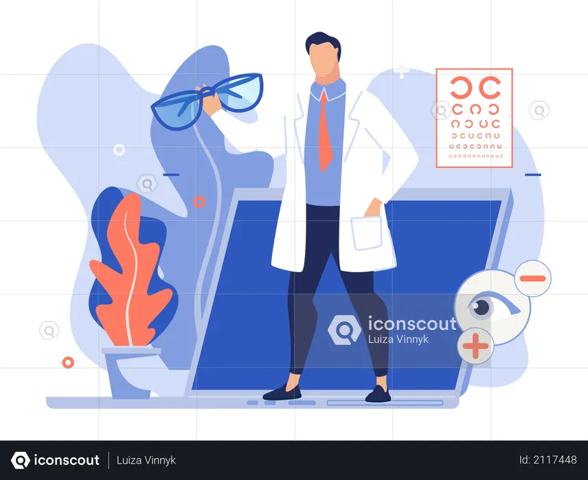 Doctor holding eyeglasses with online eyesight consultation concept  Illustration