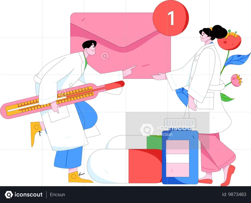 의료 보고서 메일로 온도계를 들고 있는 의사  일러스트레이션