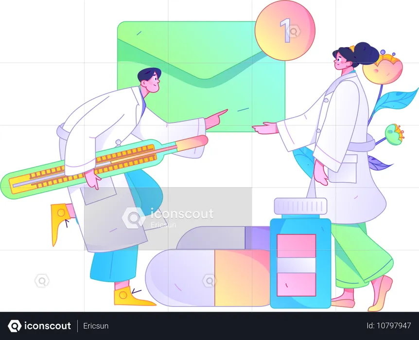 Doctor holding thermometer with medical report mail  Illustration