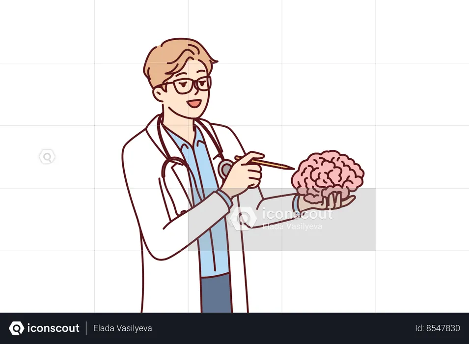 Doctor holds brain in hand explaining work of neurons to students of medical university  Illustration