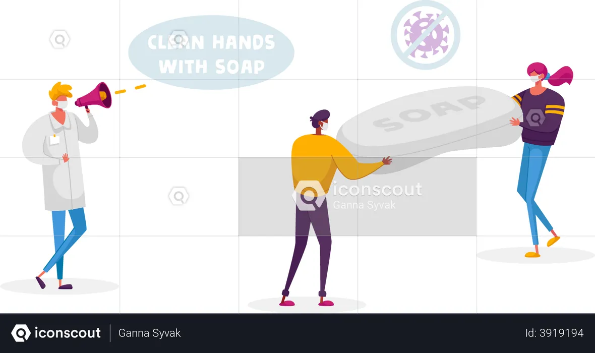 Doctor Informing People Using Loudspeaker to Clean Hands  Illustration