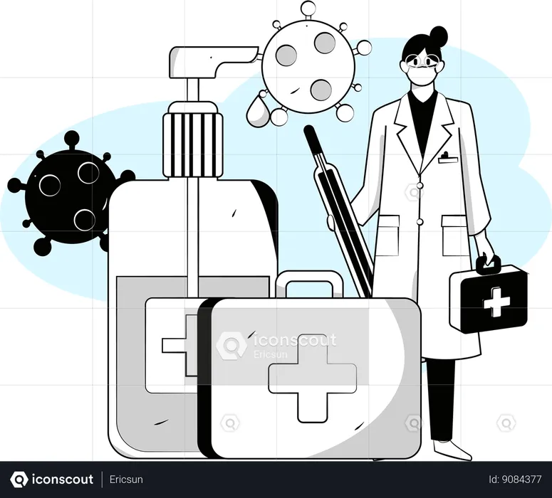 Doctor instructs to use disinfectant bottle  Illustration