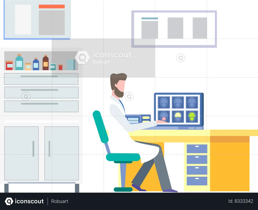 Doctor Looking at Results of Patient Brain Scan  Illustration