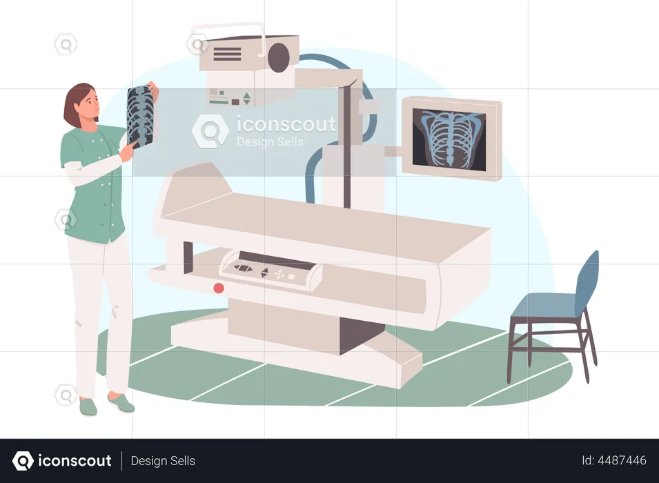 Doctor looking at x-ray picture in radiographic examination room  Illustration