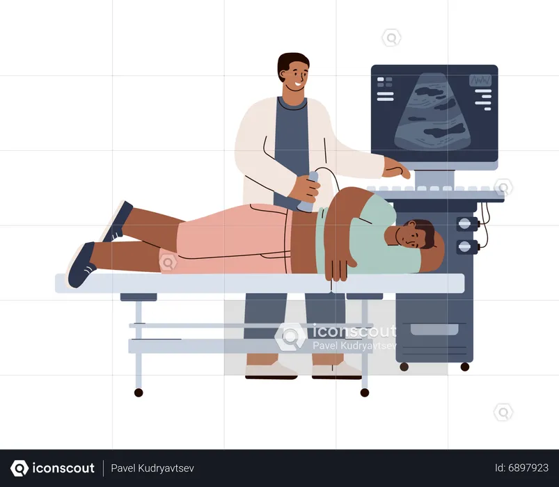 Doctor making ultrasound research for man patient  Illustration