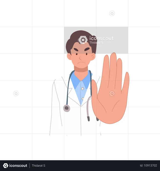 Doctor man in stop warning gesture. medical healthcare  Illustration