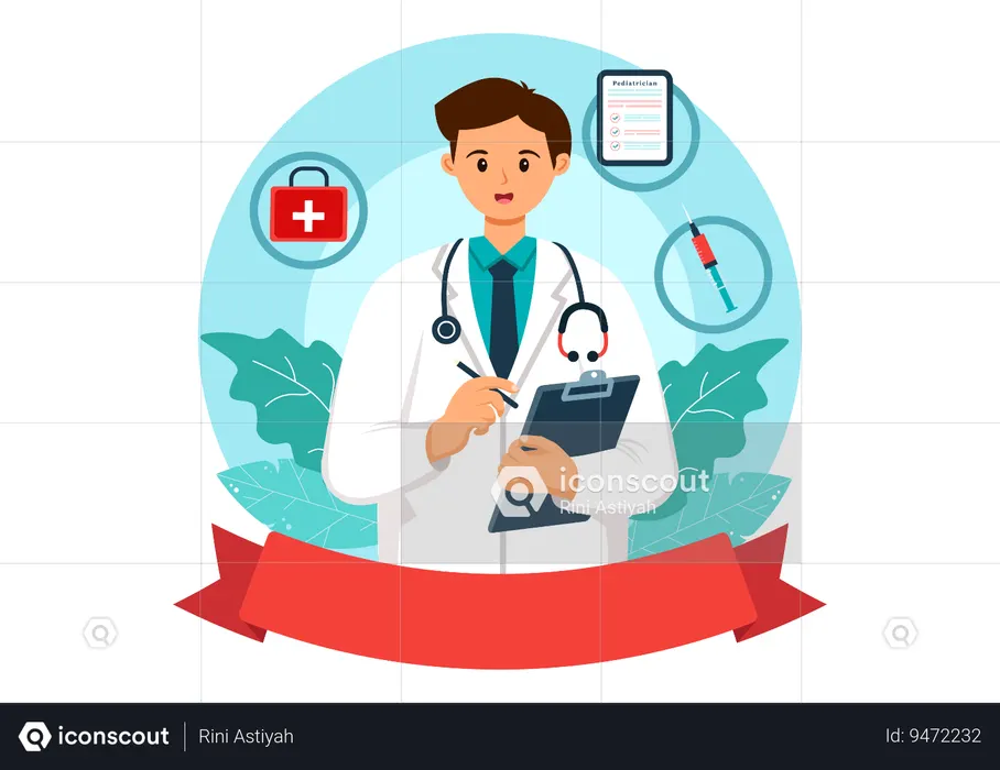Médico varón sosteniendo informe médico  Ilustración