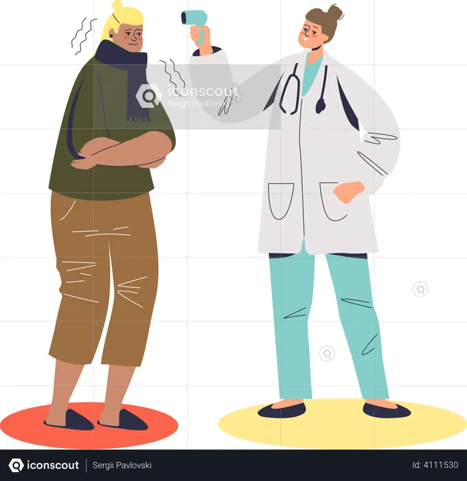 Doctor measuring temperature of patient with fever  Illustration