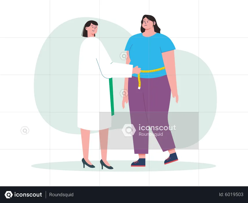 Doctor measuring waist of obese girl  Illustration