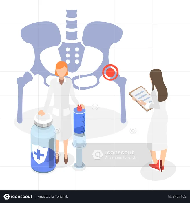 Doctor poniendo una inyección de cortisona en la articulación de la cadera.  Ilustración