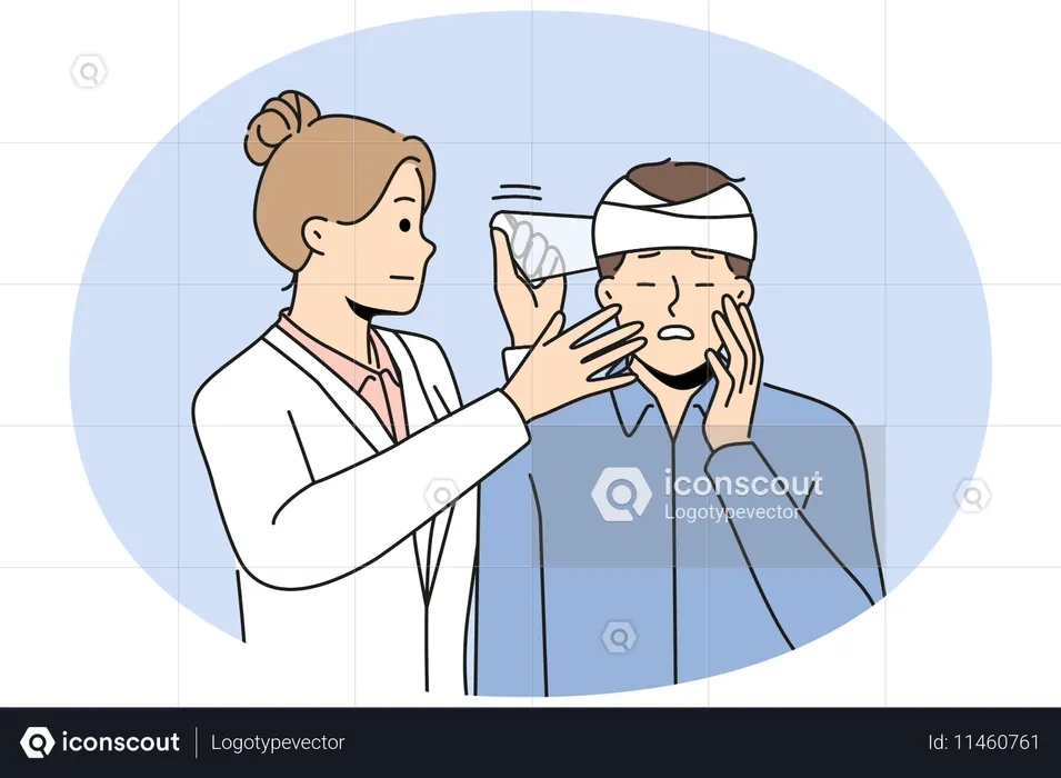Doctor put bandage on man with head injury  Illustration