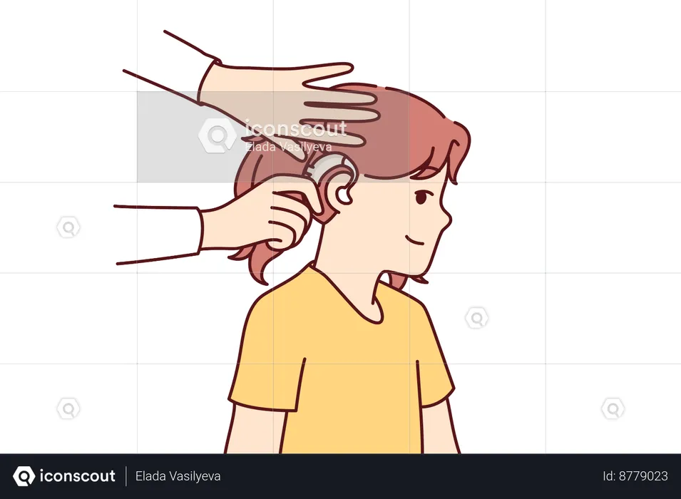 Doctor puts hearing aid on child's ear  Illustration