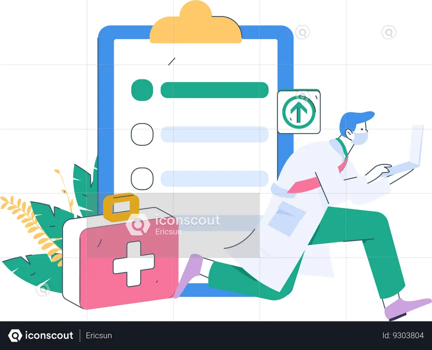 Doctor running with laptop  Illustration