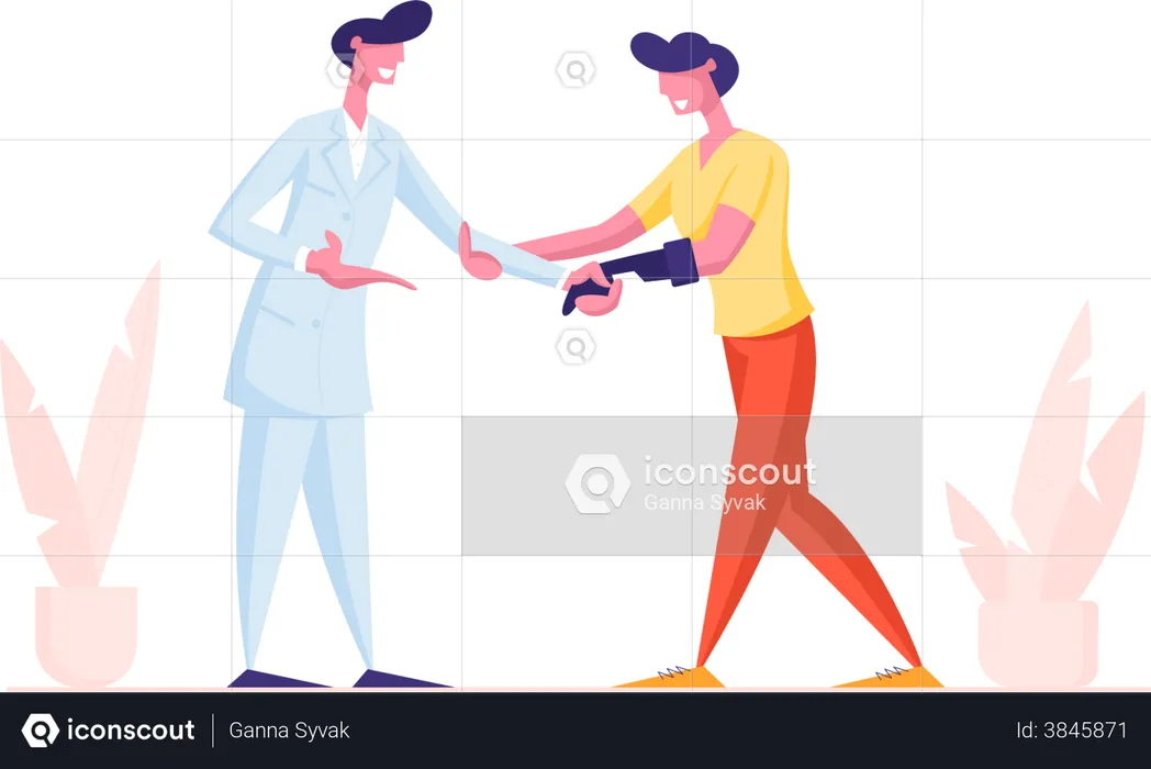 Doctor Shaking Hand to Invalid Handicapped Man with Arm Bionic Prosthesis  Illustration