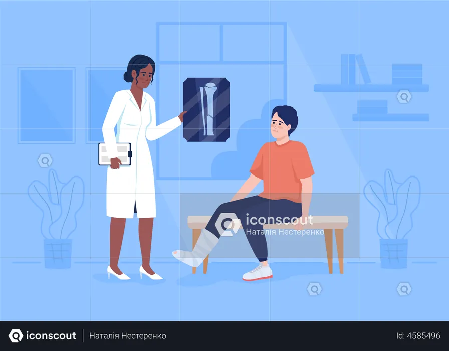 Doctor showing x-ray picture of broken leg to patient  Illustration