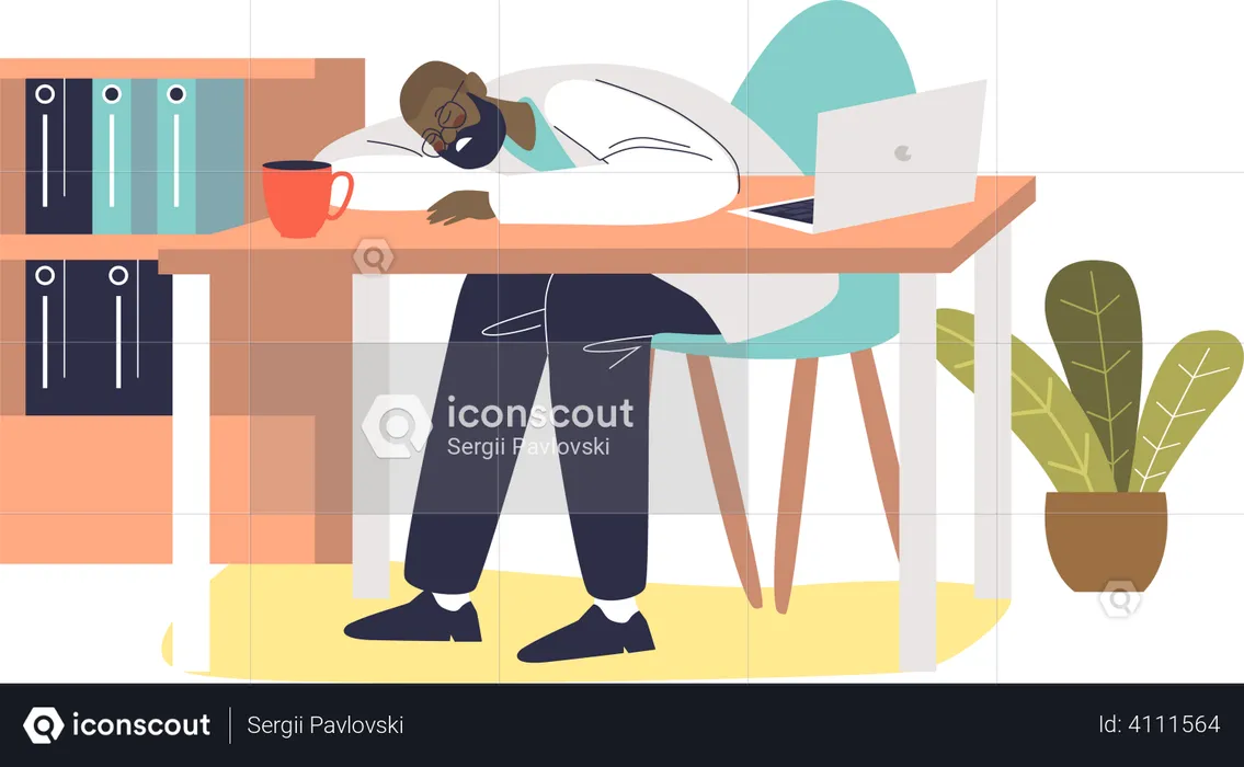 Doctor sleeping on desk in his office  Illustration