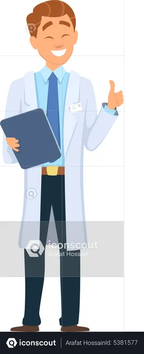 Doctor sosteniendo informe y mostrando el pulgar hacia arriba  Ilustración