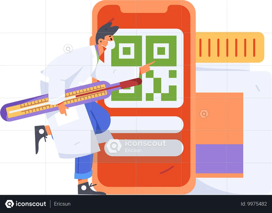 Doctor sosteniendo el termómetro mientras señala el frasco de medicina  Ilustración