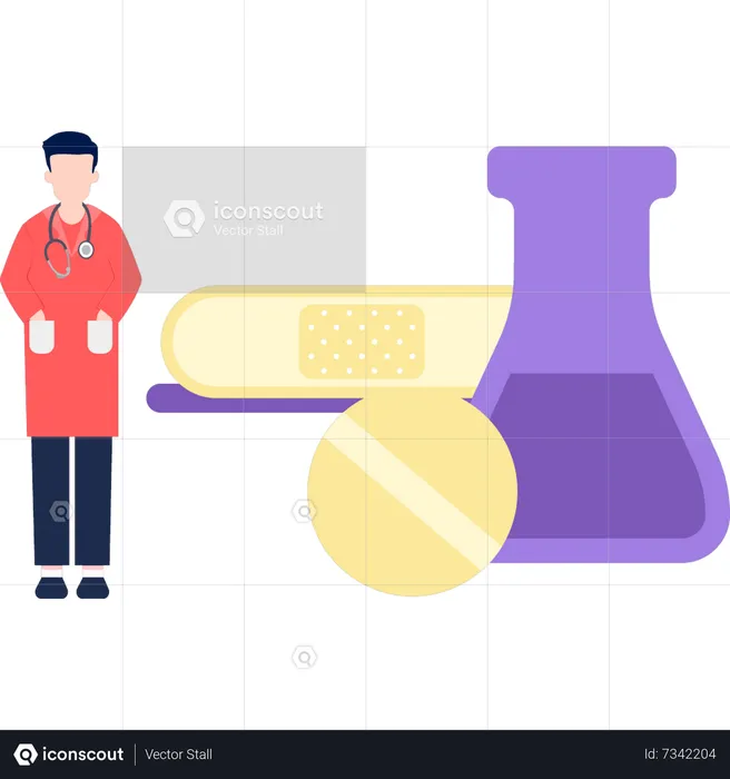 Doctor standing with medical supplies  Illustration