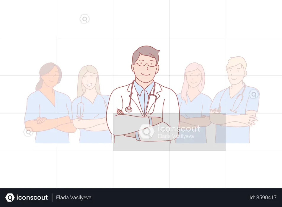Doctor stands in front of his team of men and women  Illustration