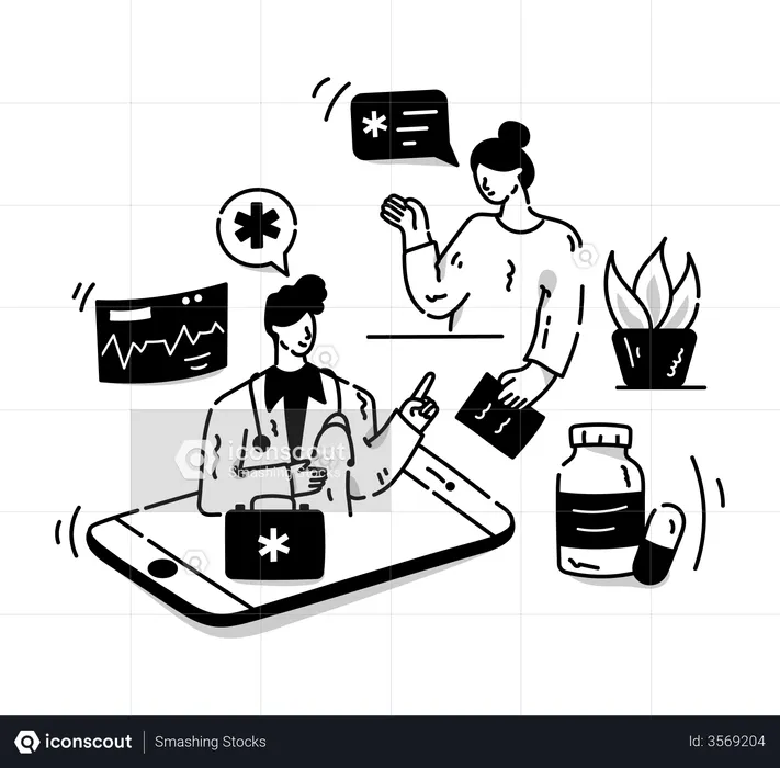 Doctor talking to patient using mobile application  Illustration