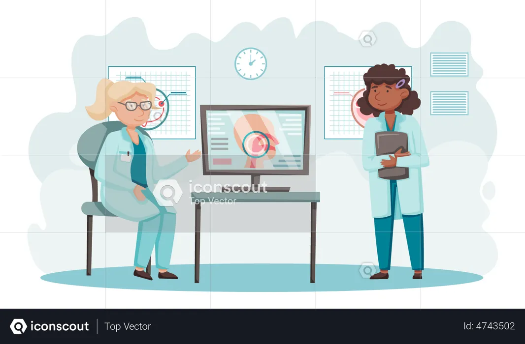 Doctor teaching another doctor about disease  Illustration