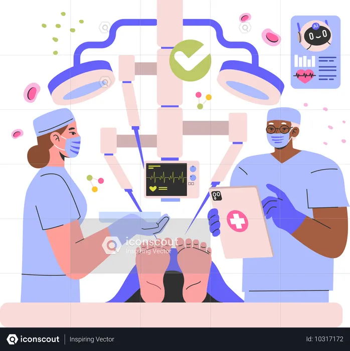 로봇 기계의 도움을 받아 ICU 내부에서 수술을 하는 의료진 팀  일러스트레이션