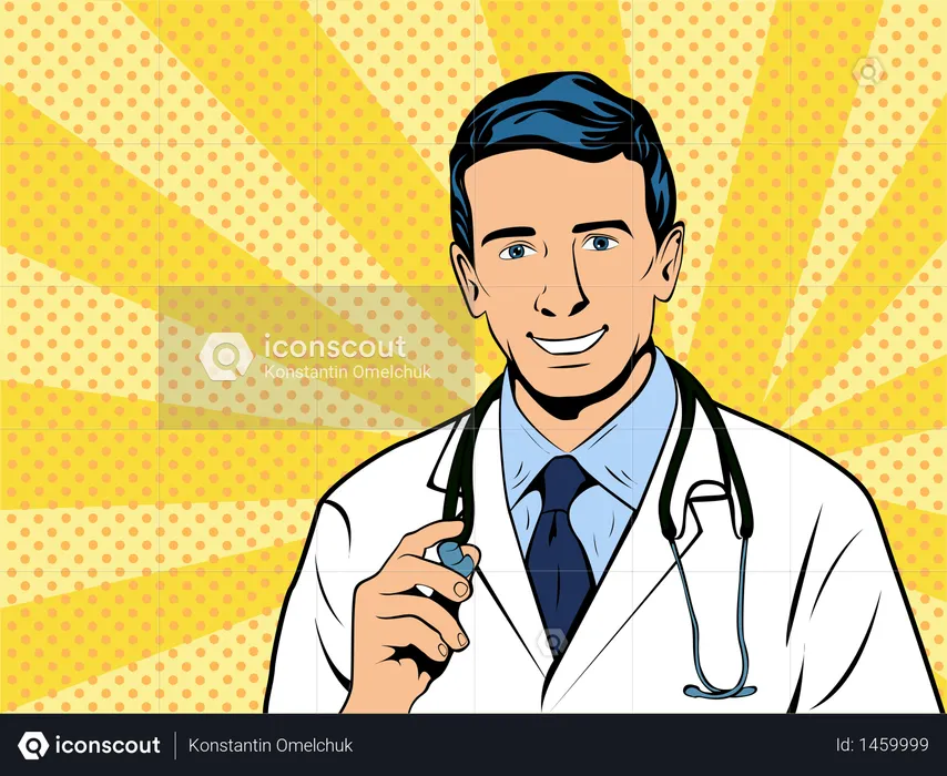 Doctor therapist medicine and health. Confident Mature Doctor Profession white coat stethoscope pop art retro style. Vector illustration.  Illustration