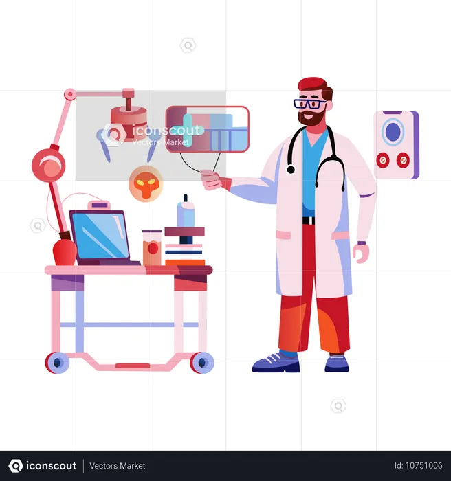 Médico trabajando con robot médico.  Ilustración