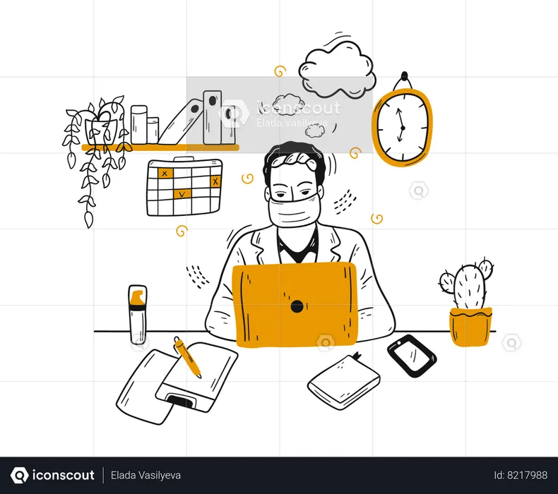 Doctor wearing mask and lab coat working on  laptop  Illustration