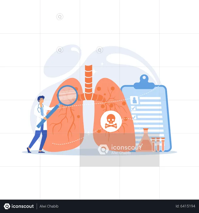 Doctor with magnifier and lungs with skull and crossbones  Illustration