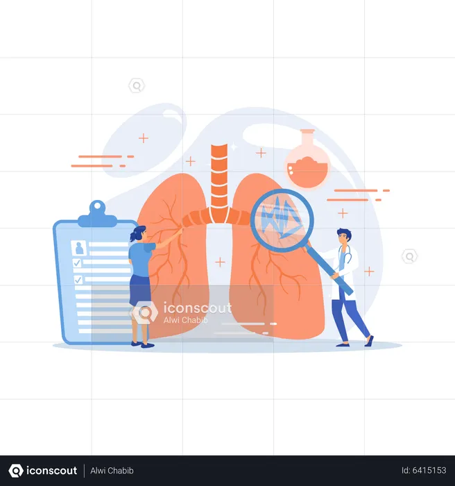 Doctor with magnifier looking at bacteria in lungs  Illustration