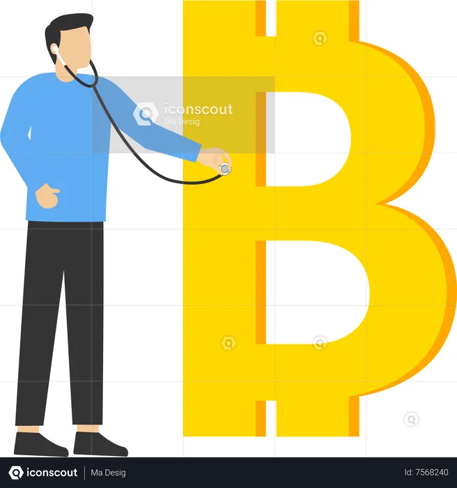 Doctor with stethoscope to listen and analyze Bitcoin money symbol  Illustration