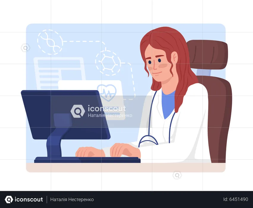Doctor works on computer  Illustration
