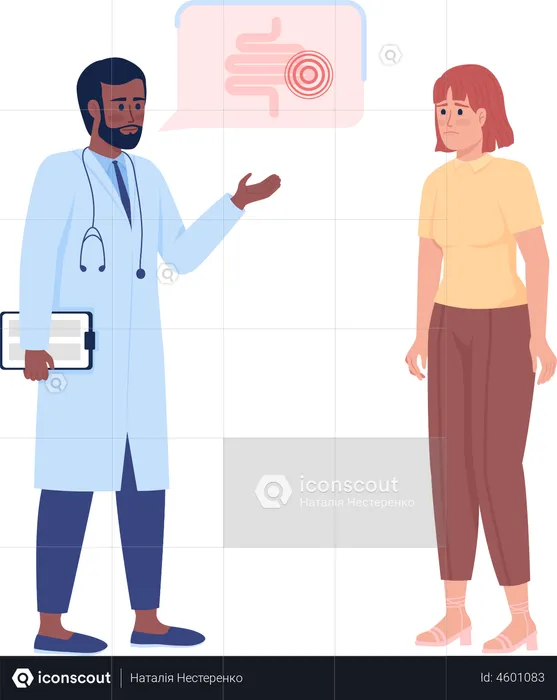 Doctor y mujer molesta en chequeo intestinal  Ilustración