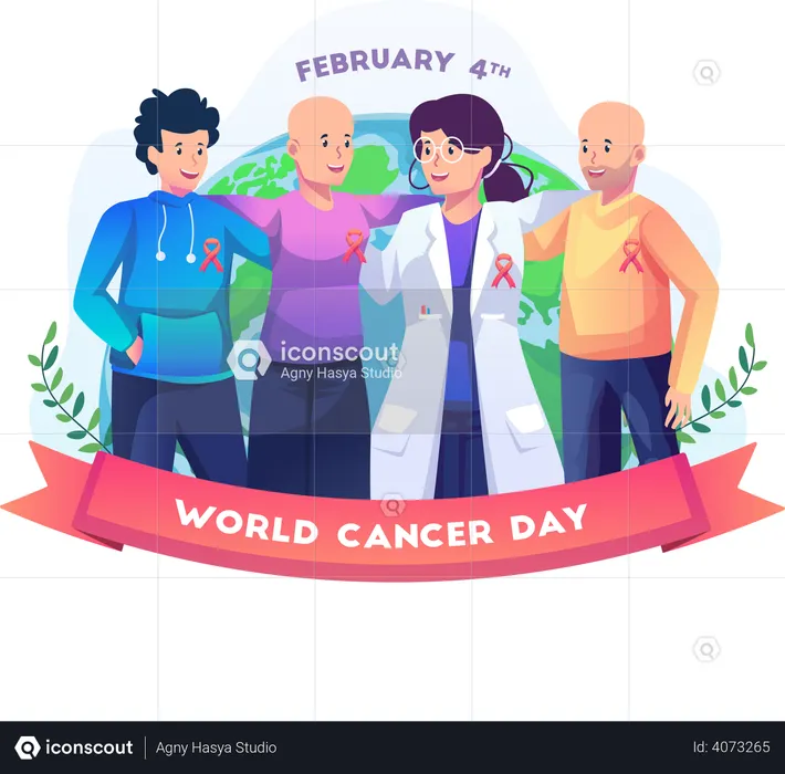 Doctora con pacientes con cáncer celebra el día mundial del cáncer.  Ilustración