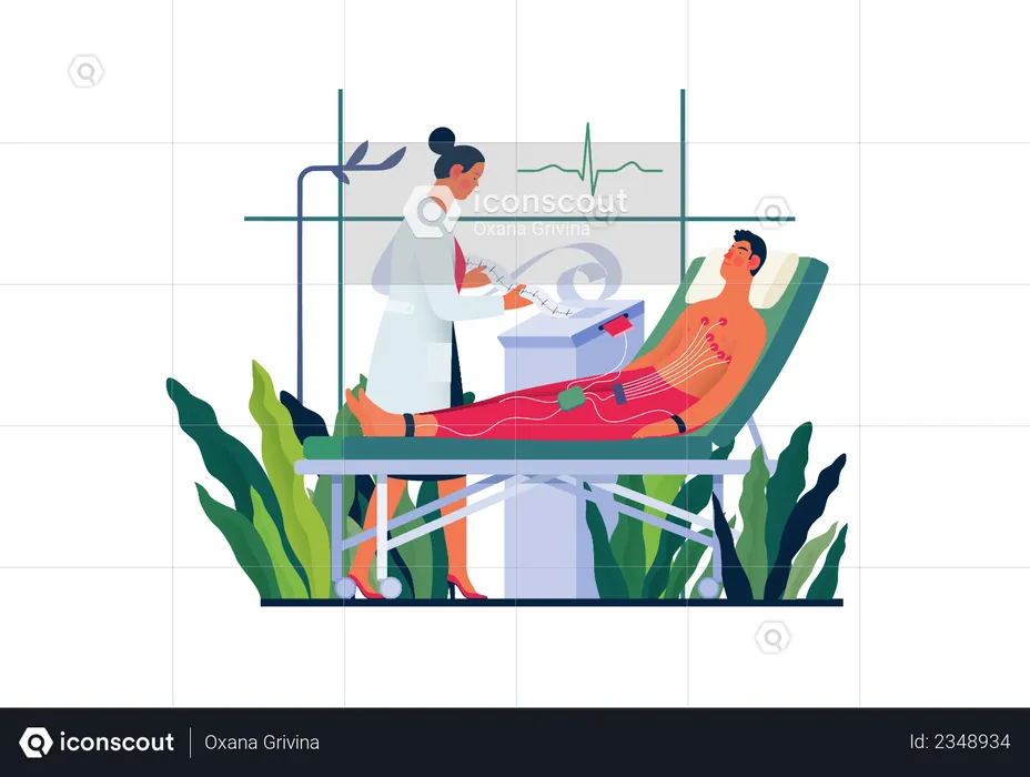 Doctora haciendo electrocardiografía  Ilustración