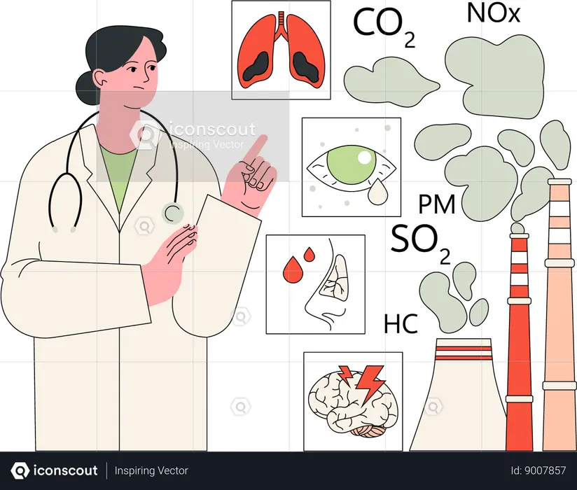 Doctora mostrando el impacto del dióxido de carbono  Ilustración